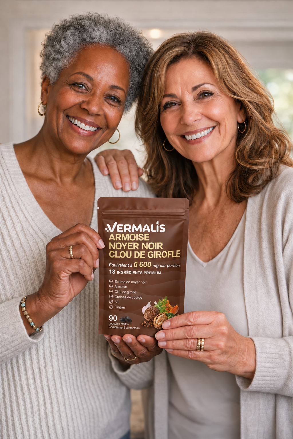 Deux femmes souriantes tenant le produit Vermalis
